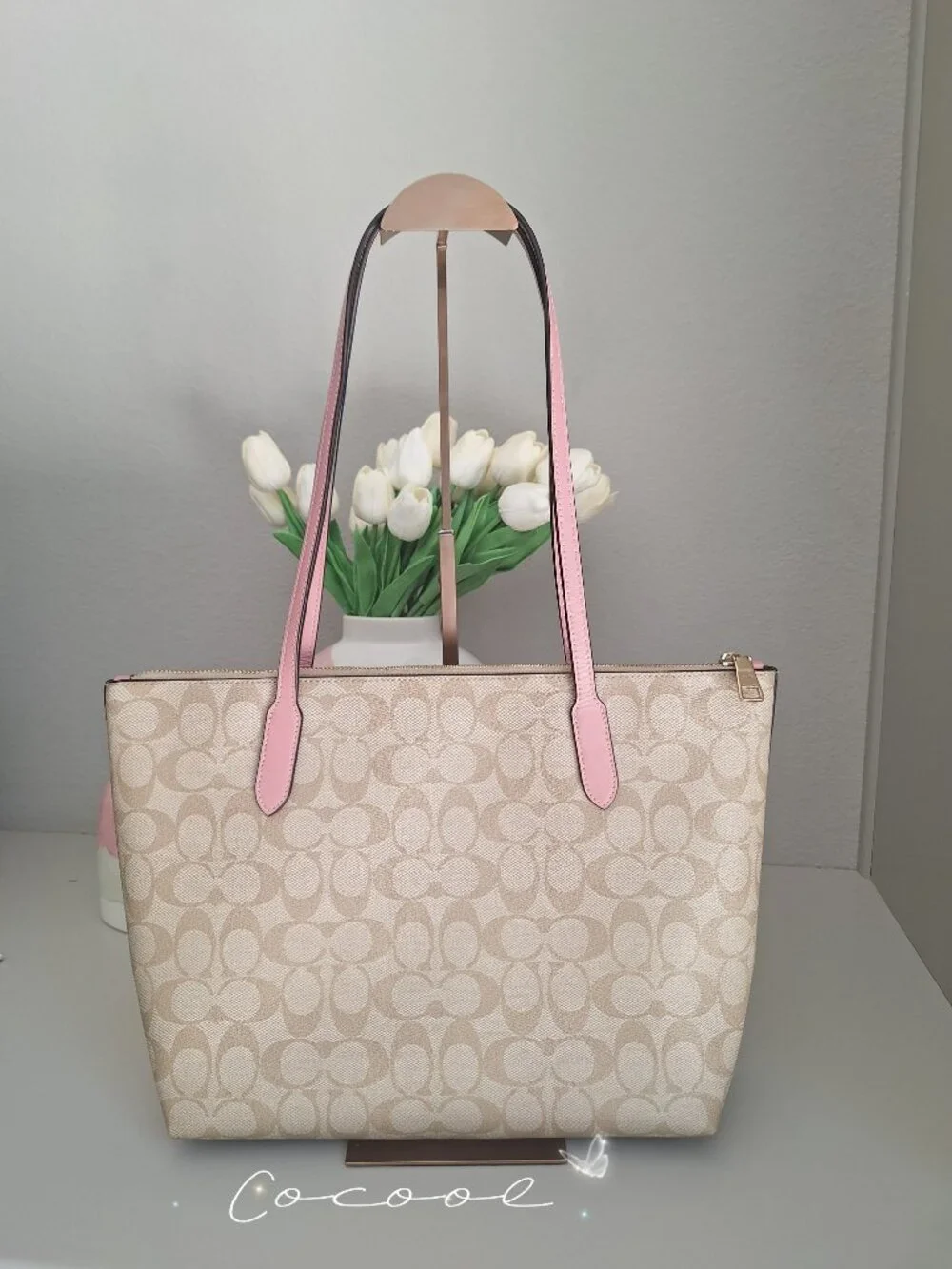 💝NEW COACH ZIP TOP TOTE IN SIGNATURE CANVAS/ LEATHER LIGHT KHAKI PINK